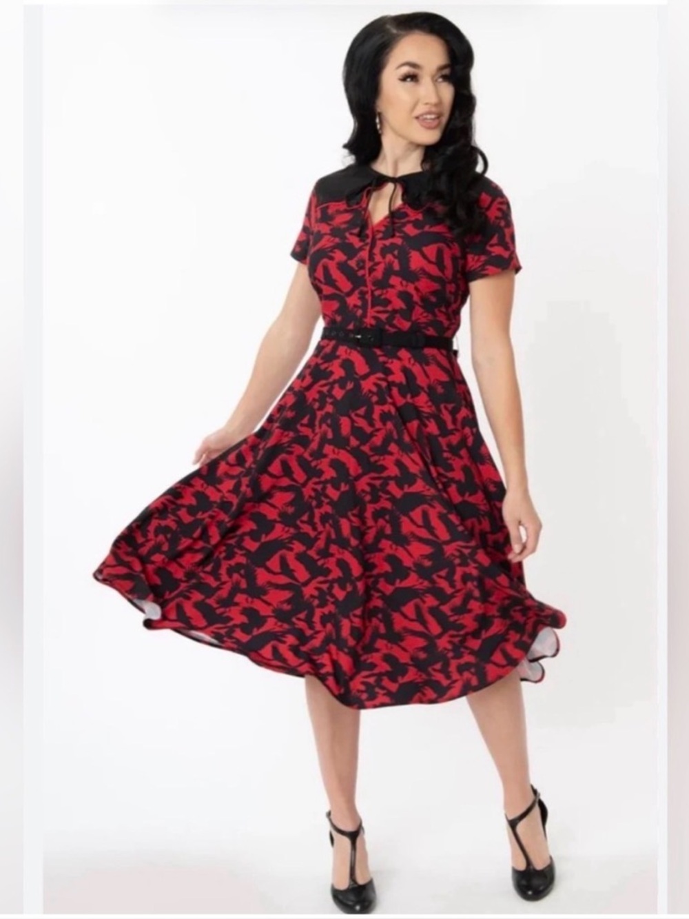 RARE! HITCHCOCK THE BIRDS X UNIQUE VINTAGE RED & BLACK ESTELLE SWING DRESS